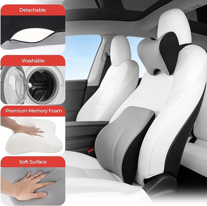 Car Headrest & Lumbar Support Set, Ergonomic Memory Foam Neck Pillow, Comfortable Travel Pillow for Car Truck SUV, Ideal for Long Driving (Gray) (Black)