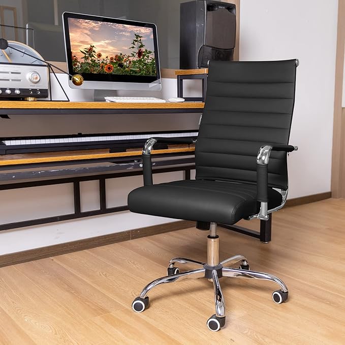 Modern Leather Conference Room Chairs,Home Office Chair Ribbed, Ergonomic Executive Office Desk Chairs, High Back Computer Chair, Adjustable Swivel Chair with Arms (Black)
