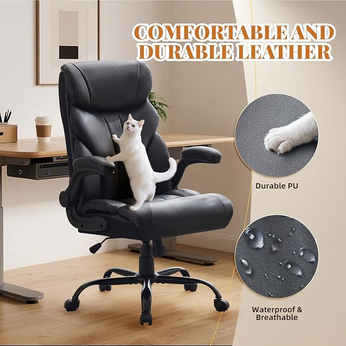 Garvee Comfortable Office Desk Chair 500 LBS, Big and Tall Office Chairs with Adjustable Flip-up Armrests,100-118°Recline Executive Leather Gaming Chair for Heavy People, Long Hours,Black