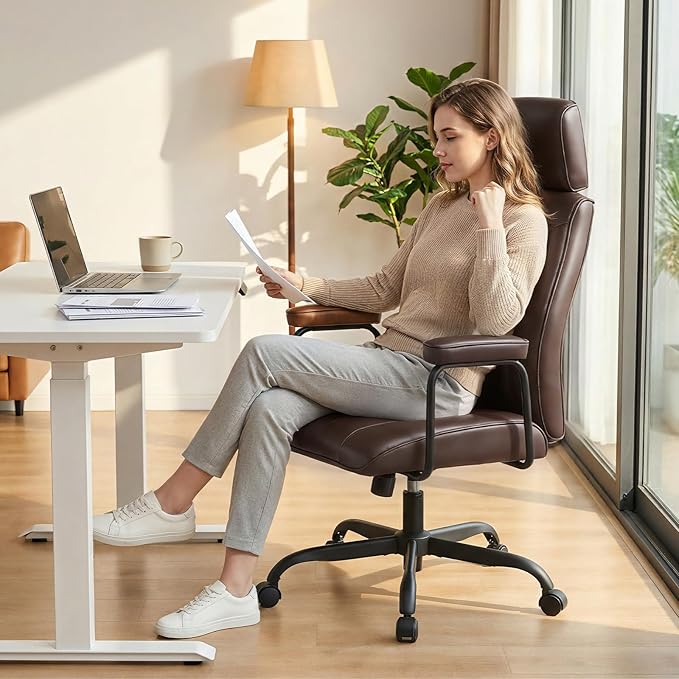 Furniliving Leather Office Chair with Adjustable Headrest, Mid-Century Modern High-Back Office Desk Chair, Ergonomic Computer Chair with Wheels, Armrests, Lumbar Support, Dark Brown