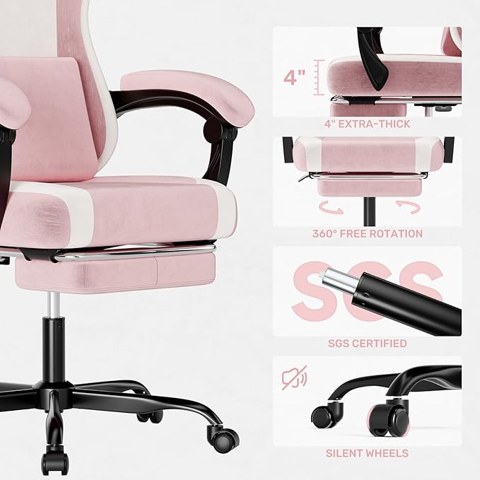 SUKIDA Fabric Video Gaming Chair, Ergonomic High-Back Computer Game Chairs with Large Massage Adjustable Lumbar Support, Headrest and Linked Armrests for Long Hours Sitting Task Chair, Pink