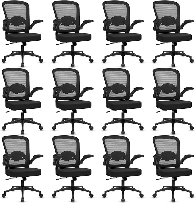 KLASIKA Desk Chairs with Wheels, Ergonomic Mesh Back Home Office Chair Adjustable Lumbar Support & Height Swivel Rolling Computer Task Chairs with Flip Up Armrests for Conference Meeting, Black, 12PK