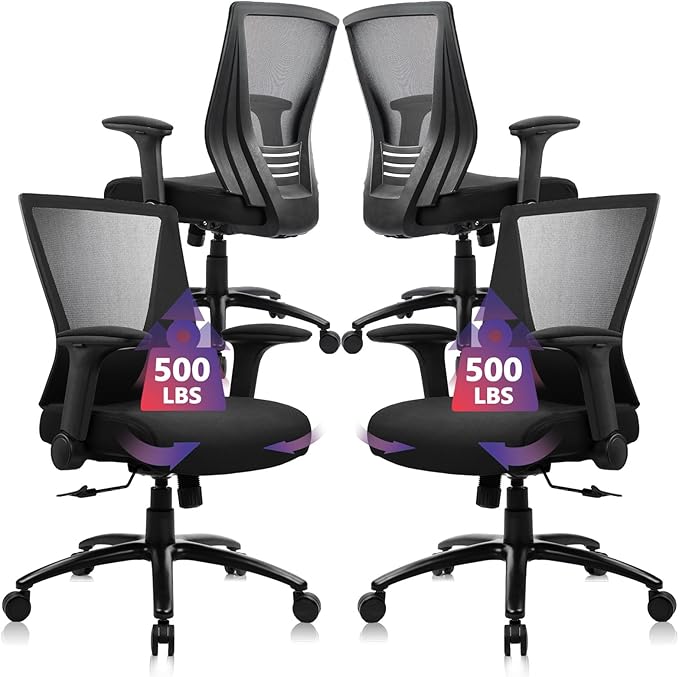 CLATINA Big and Tall Office Chair Heavy Duty Ergonomic Desk Chair 500lbs with Flip-up Arms & Wide Thick Seat Cushion Home Executive Swivel Mesh Chair for Study, Conference, Black, 4 PK