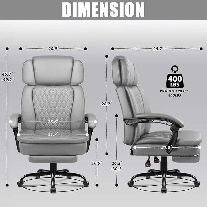 LEMBERI 400lbs Executive Office Chair with Foot Rest, Ergonomic Heavy Duty Big and Tall Desk Chair with Adjustable Headrest, High Back PU Leather Comfy Reclining Computer Chair