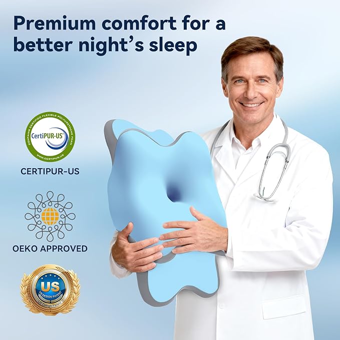 Sleep Apnea Pillow with Neck Pain & Snoring Relief -Orthopedic Cervical Pillow, Ergonomic Contour Memory Foam for Side, Back,Stomach Sleepers, Medium Firm (Blue, Queen Size 25" lx15 wx5.8 h)