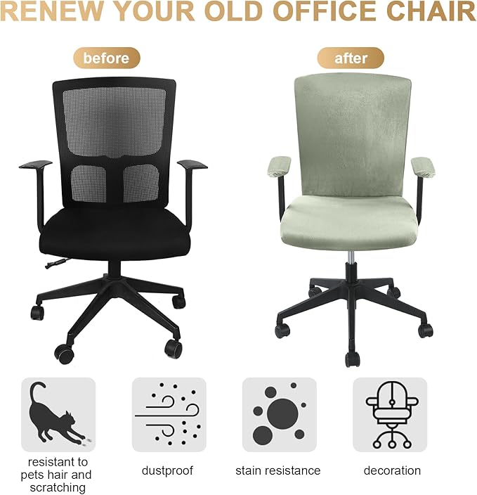 Tallew 4 Pcs Office Chair Covers Set Computer Universal Protective Stretchable Chair Seat Covers Desk Armrest Slipcovers Pads Office Cushion Backrest for Rotating(Bean Green)