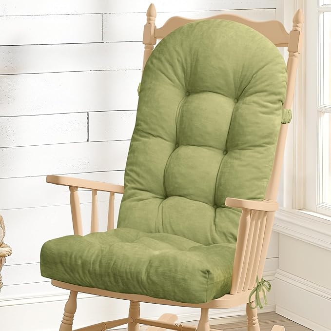 Rocking Chair Cushion - Chenille Fabric, High-Density Sponge, Durable Comfort Double-Sided Tufted Seat Pads with Ties, Chenille︱Avocado Green, 44x19x4 inch