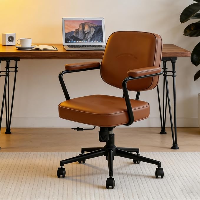 Home Office Chair, Ergonomic Desk Chair with Lumbar Support, Adjustable Height Rolling Swivel Task Chair with Armrests, PU Leather, for Meeting,Study Room （Brown）
