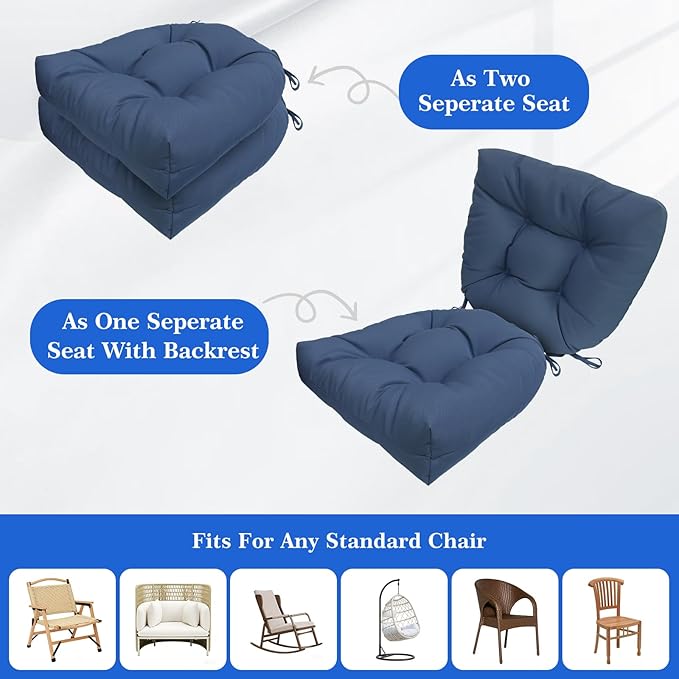 Wolfbird Outdoor Chair Cushions Set of 2 Waterproof Patio Furniture Cushions with Ties 19x19+5” Thicken Outdoor Seat Cushions Indoor/Outdoor Dining Chairs Pads FadeShield Rocking Chair Cushion, Blue