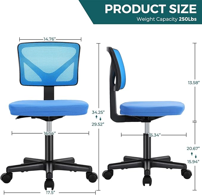 DUMOS Armless Office Chairs with Wheels Cute Home Desk Chair No Arms, Ergonomic Adjustable Swivel Rolling Task Chair, Comfy Mesh Mid Back Computer Work Vanity Chair for Small Spaces, Blue