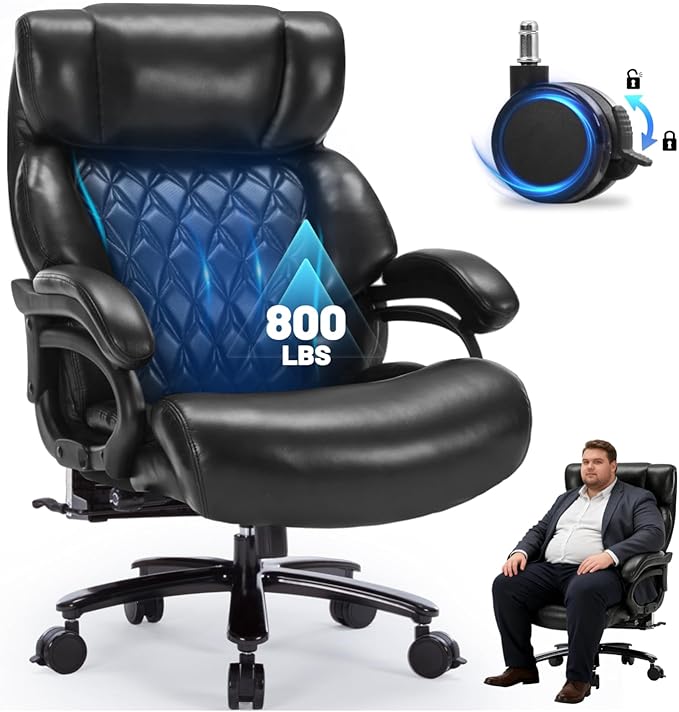800LBS Heavy Duty Office Chair & Massage Footrest Big & Tall Executive Chair with Adjustable Lumbar Support, PU Leather, Extra Wide Seat for Comfort