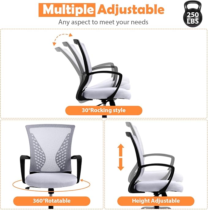 Modern Office Chair - Breathable Mesh Ergonomic Chair with Adjustable Lumbar Support, Mid Back Computer Chair for Home Office, Minimalist Design & Easy Assembly (White)
