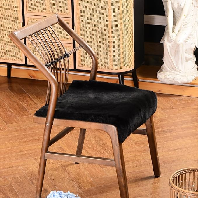LLB Sheepskin Chair Covers Office Chair Cushion Dining Room Chair Pads Desk Chair Seat Cushion for Computer Chair Fur Area Rugs for Living Room 19x19 Inch (Pack of 1), Shearling Black