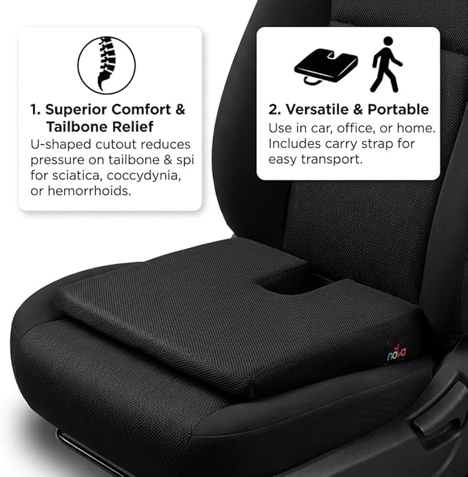 nova Orthopedic Coccyx Seat Cushion & Tailbone Pain Relief Pillow - U-Shaped Wedge for Office Chair, Car & Home - Posture Support, Washable Black Faux Suede Cover with Carry Strap, 16.5"x16.5"