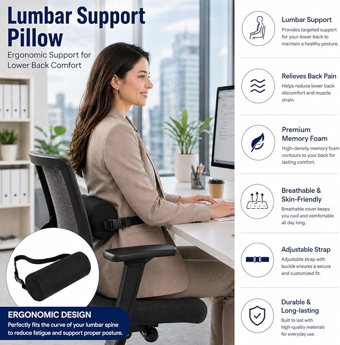 Lumbar Pillow, Lumbar Support Pillow for Office Chair & Car, Have Ajustiable Strap & Washable Cover, 11 Inch Lower Back Support for Office chair, Car, Bed Back Pain Relief & Posture Correction