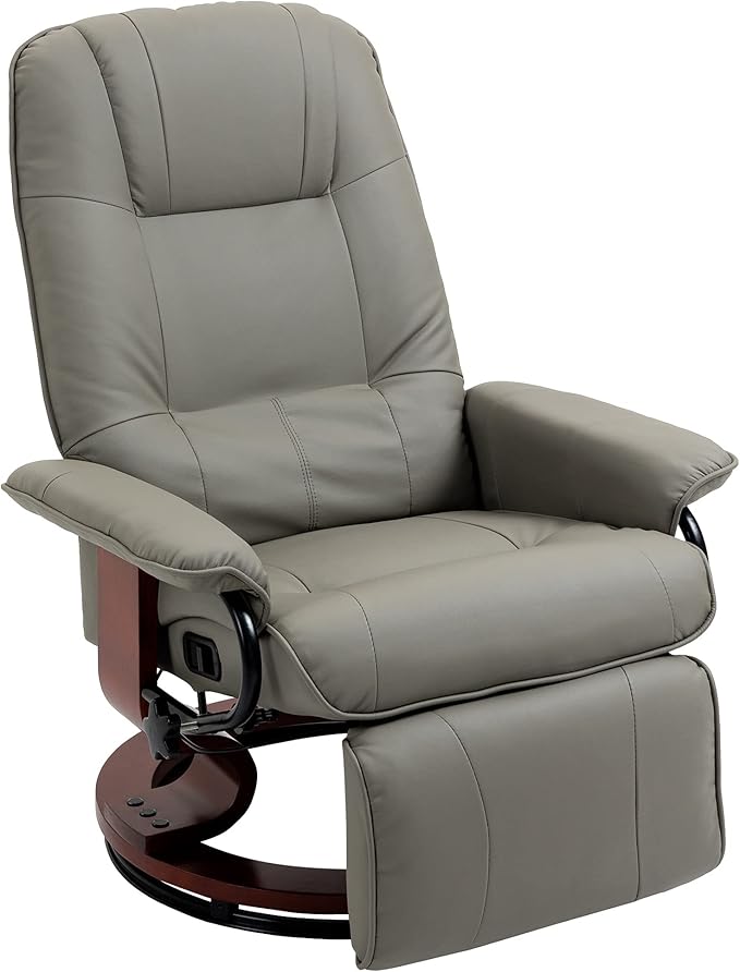 HOMCOM Swivel Recliner Chair, PU Leather Reclining Armchair with Retractable Footrest, Lounge Chair with Wood Base and Adjustable High Back for Small Spaces, Living Room, RV, Bedroom, Gray