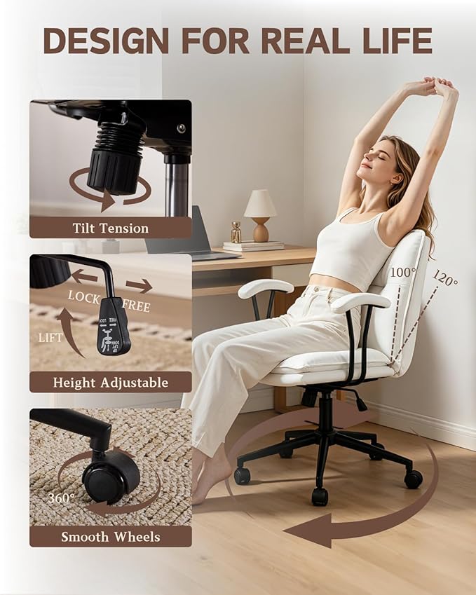 Karl home Faux Leather Office Chair with Removable Armrests, Adjustable Height & 360° Swivel, Tufted Thick Cushion Computer Desk Chair with Lumbar Support for Living Room, Vanity, White