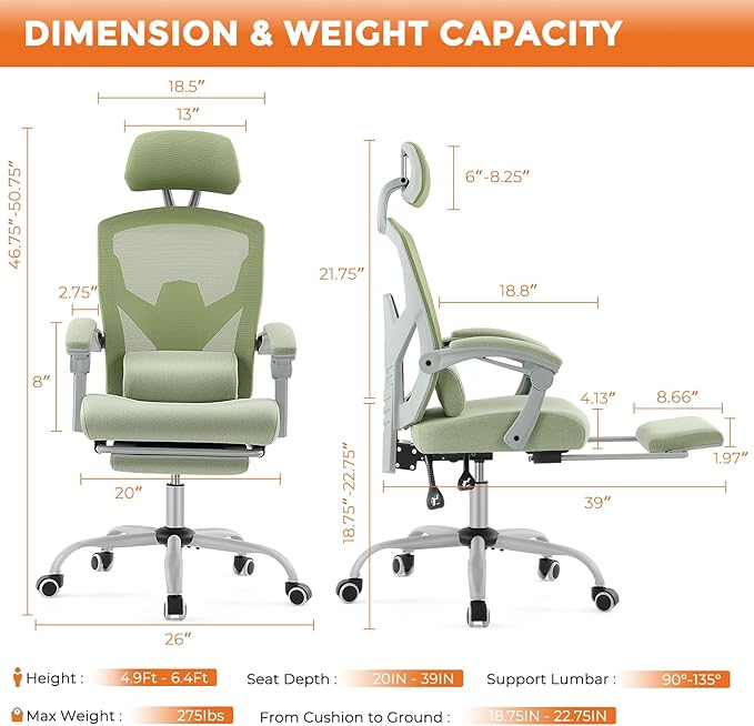 Sweetcrispy Office Computer Desk Chair Set of 2, Ergonomic High-Back Mesh Rolling Work Swivel Chairs with Wheels, Comfortable Lumbar Support, Comfy Arms for Home, Bedroom, Study, Student, Green