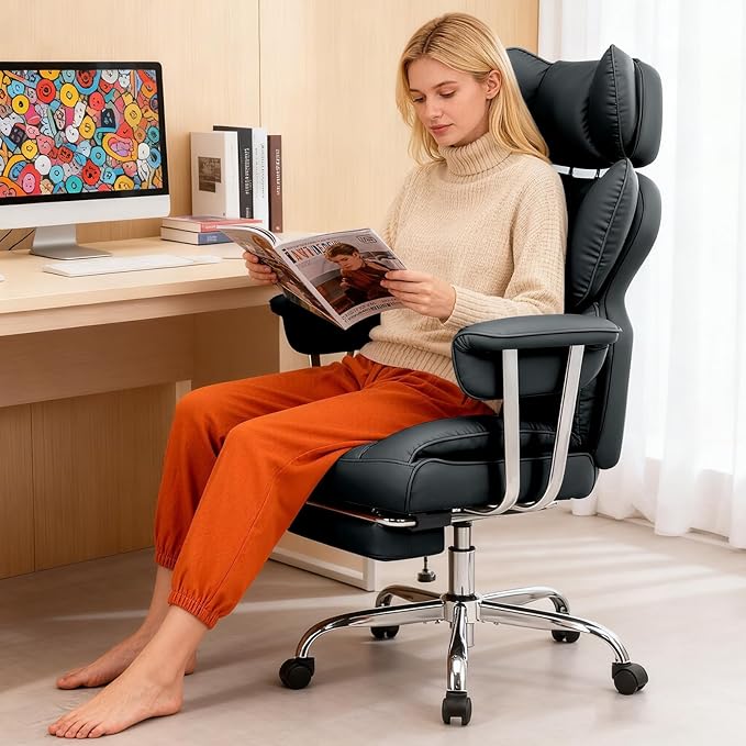 DUMOS Big and Tall Office Chair 350 LBS, Scratch-Resistant PU Leather Executive Office Desk Chair with Footrest, Ergonomic Reclining Computer Chair with Pocket Spring Support for Home Office, Black