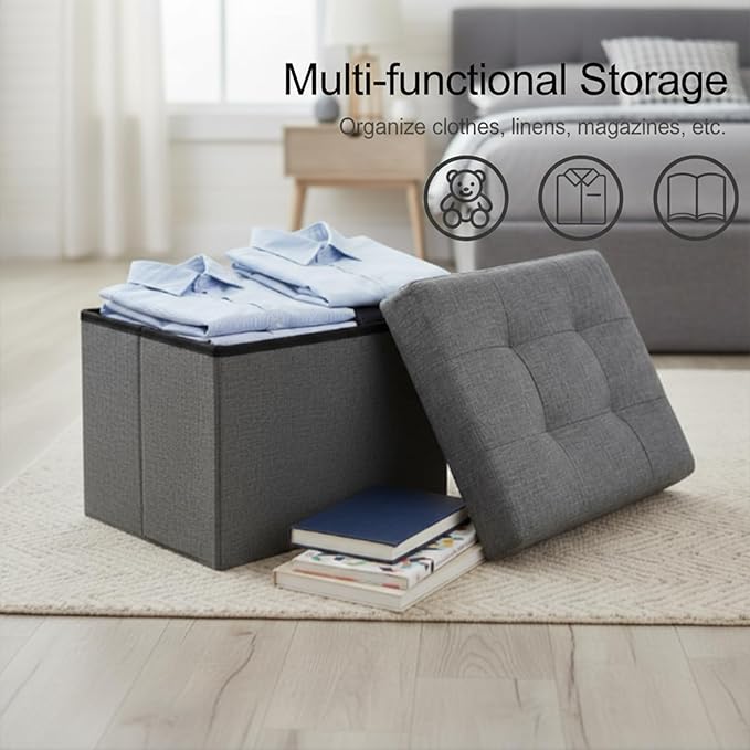 Storage Ottoman,Folding Ottomans with Storage,Linen Ottoman Foot Rest with Pocket,Foot Stool with Thicker Foam Padded for Living Room,Bedroom,Office,Dorm,287 lb Load Capacity,17x13x13in,Grey