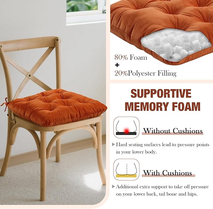 Nuanchu Memory Foam Chair Cushions Set of 4, Thick Indoor Seat Cushions for Dining Chairs Tufted Seat Pads for Kitchen, Dining Room, Office,(Orange,16.5"x16.5"x4")