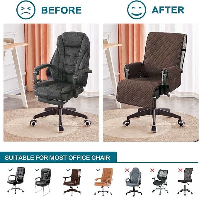 Turquoize Waterproof Office Chair Cover with Armrest Covers Computer Desk Chair Cover Office Chair Protector with Arms Office Chair Seat Cover Slipcover with Anti-Slip Buckle for Home Office, Brown