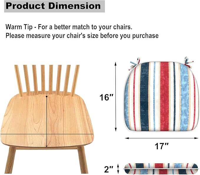 DYTXIII Set of 4 Outdoor Chair Cushions with Ties,Water Repellent Patio Chair Pads 17"x 16" for Outdoor Furniture,Round Corner Seat Cushions for Garden Yard Kitchen Stripe Red Blue