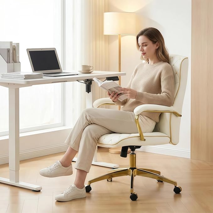 Furniliving White and Gold Office Chair, Leather Office Chairs, Adjustable Vanity Chair with Golden Legs and Padded Armrest, Modern Upholstered Computer Chair with Wheels,White