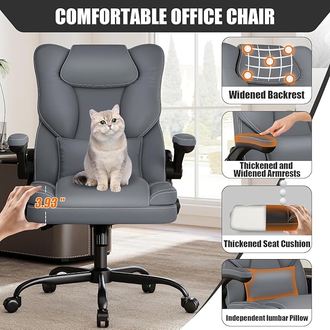 Ergonomic Office Chair with Flip-up Armrests, 300lbs Mid Back Computer Office Desk Chair with Lumbar Support, Executive Leather Chair with Rocking Function Adjustable Height for Home Office