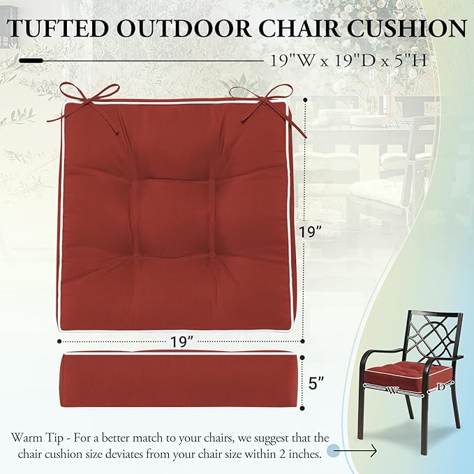 Wellsin Outdoor Chair Cushions Set of 2, Patio Cushions for Outdoor Furniture, Tufted Water-Resistant Outdoor Chair Pads, 19 x 19 Inch, Brick Red