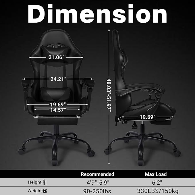 Gaming Chair, Ergonomic Computer Chair with Footrest and Lumbar Support, Height Adjustable Office Chair with 360° Swivel Seat and Headrest