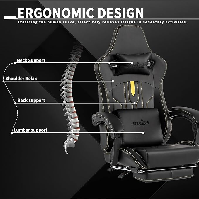 Gaming Chair with Footrest Ergonomic Computer Chair Massage Lumbar Cushion, Racing Video Game Chair Adjustable Rocker Recliner Executive Office Desk Chair Pu Leather for Adults