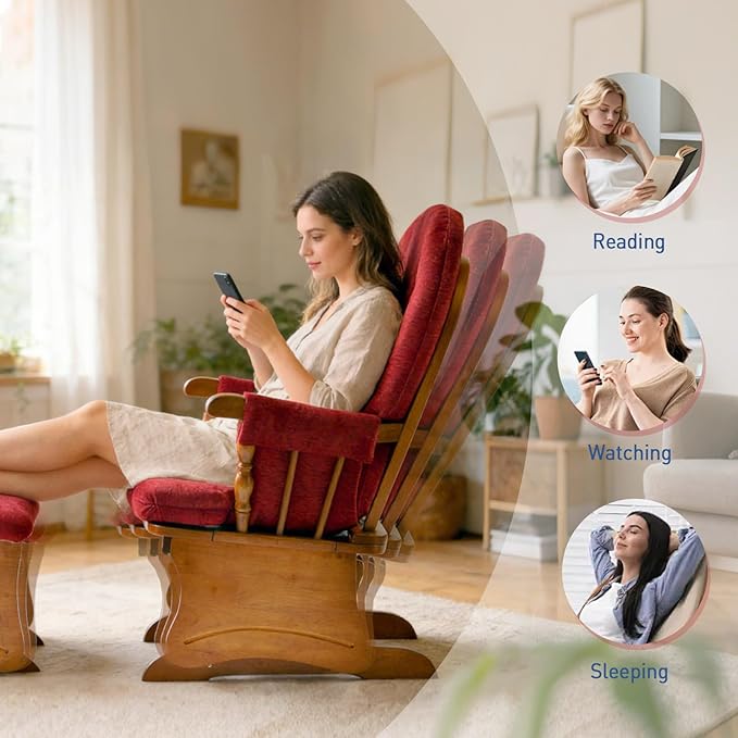 Glider Rocking Chair with Ottoman Set, Solid Wood Nursery Glider Rocker with Thick Padded Cushion, High Back Upholstered Swivel Glider for Living Room, Nursing, Reading, 280LBS Weight Capacity,Oak+Red