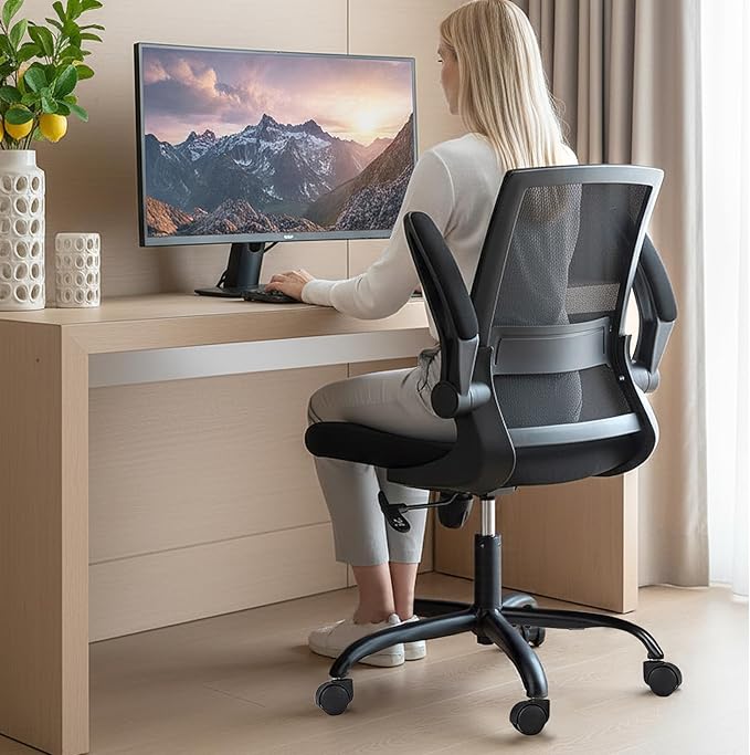 Mesh Office Chair with Flip-Up Armrests – Standard Issue Office Chair, Swivel Rolling Desk & Work Chair with Lumbar Support, Ergonomic Computer Chair for Home Office, Corporate Office, Black