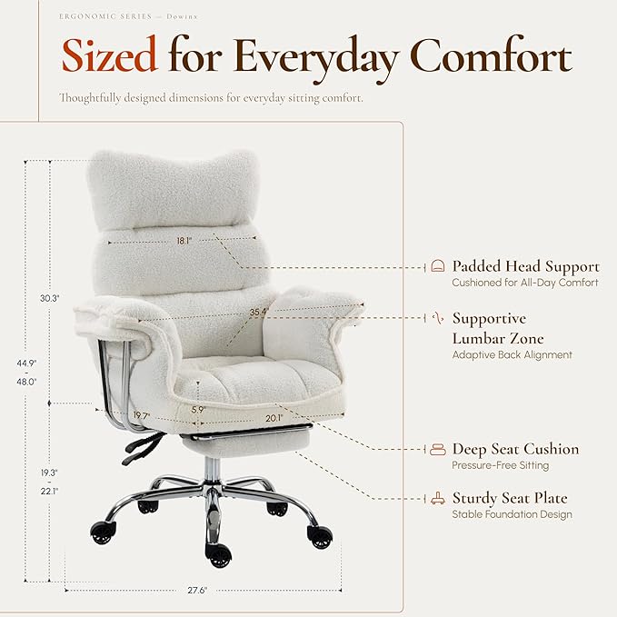 Dowinx Big and Tall Office Chair, Ergonomic Desk Chair with Thick Cushion, Wide Seat & Armrests Computer Gaming Chair,High Back Reclining Teddy Fleece Criss Cross Chair with Foot Rest, White