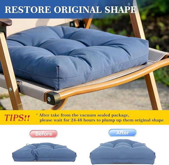 Outdoor Chair Cushions Set of 2 Waterproof Patio Furniture Cushions with Ties 19x19+5” Thicken Outdoor Seat Cushions Indoor/Outdoor Dining Chairs Pads FadeShield Rocking Chair Cushion, Light Bule