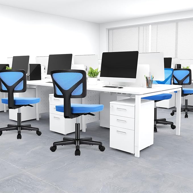 DUMOS Armless Office Chairs with Wheels Cute Home Desk Chair No Arms, Ergonomic Adjustable Swivel Rolling Task Chair, Comfy Mesh Mid Back Computer Work Vanity Chair for Small Spaces, Blue