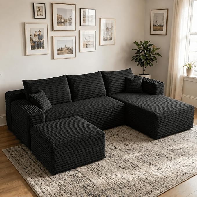 94" Black Fluffy Couch with Ottoman for Living Room, Corduroy No Bones Sectional Couch,Compressed Memory Foam Cloud Sofa,No Assembly Required,Right Facing Chaise,Black