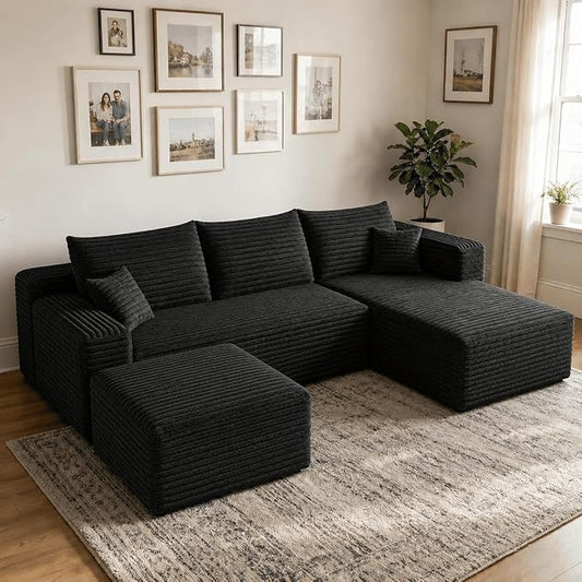94" Black Fluffy Couch with Ottoman for Living Room, Corduroy No Bones Sectional Couch,Compressed Memory Foam Cloud Sofa,No Assembly Required,Right Facing Chaise,Black