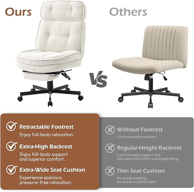 Criss Cross Chair with Wheels - Home Office Desk Chairs with Foot Rest, Morden Comfy Swivel Makeup Chair for Vanity, Ergonomic Cross Legged Office Chair with High Back & Wide Seat, White
