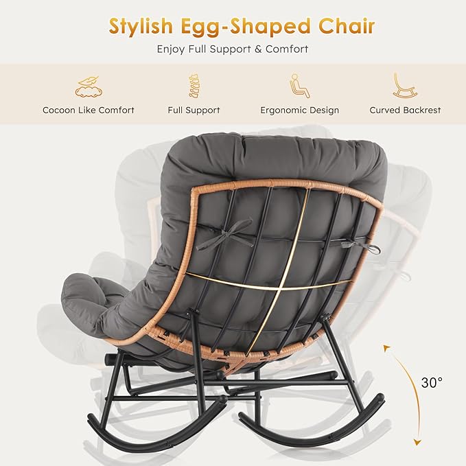 Jojoka Oversized Papasan Rocking Chair with Integrated Detachable Foot Rest, Thick Removable Cushion, PE Rattan Metal Frame Lounge Chair for Indoor Outdoor Patio, Garden, Porch, Living Room