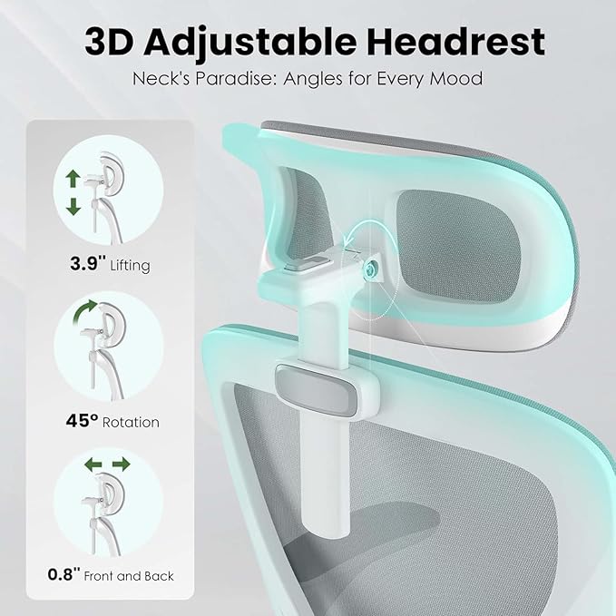 Ergonomic Mesh Office Chairs with Lumbar Support and Adjustable Headrest, High Back Comfortable Computer Desk Chair with Wheels and Armrests, Home Office Rolling Gaming Chair, Max Load 350 lbs (Gray)