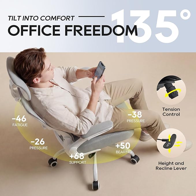 Office Chair, Ergonomic Mesh Desk Chair with Adjustable Lumbar Support and Headrest, Flip-up Armrests, High Back Computer Task Chair for Home and Executive Office (W-All Grey)
