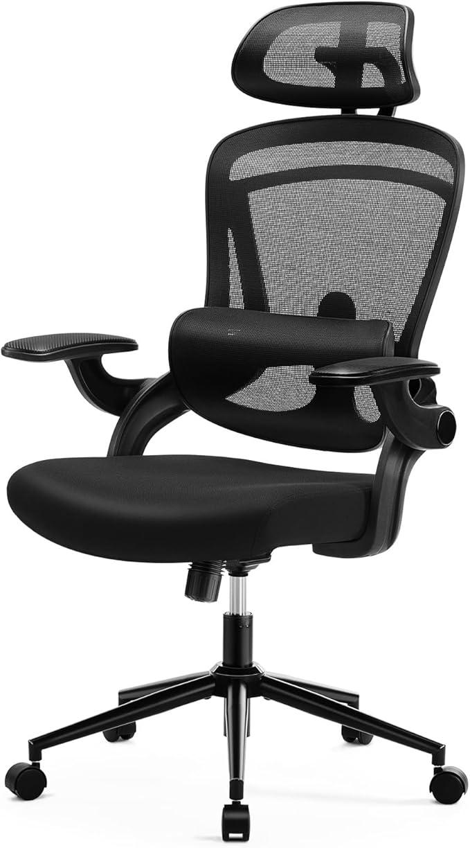 Sweetcrispy Office Chair Ergonomic Desk Chair, 300 LBS Home Mesh Office Desk Chairs with Wheels, 2D Headrest, Up&Down Lumbar Support, Swivel High Back Computer Chair with Flip-up Armrests,Dark Black