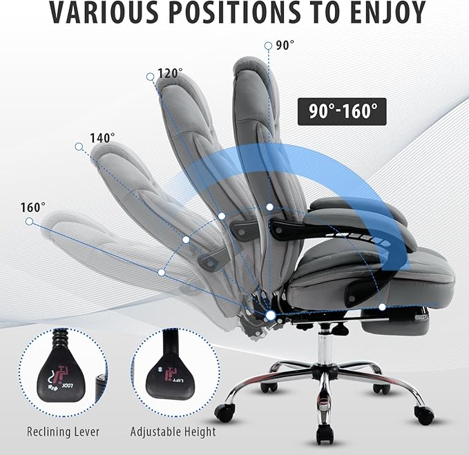400lbs Ergonomic Reclining Office Desk Chairs with Footrest Back Support High Back Wide Seat Napping Recliner Executive Office Chairs PU Leather Big Tall Managerial Chairs (Grey)