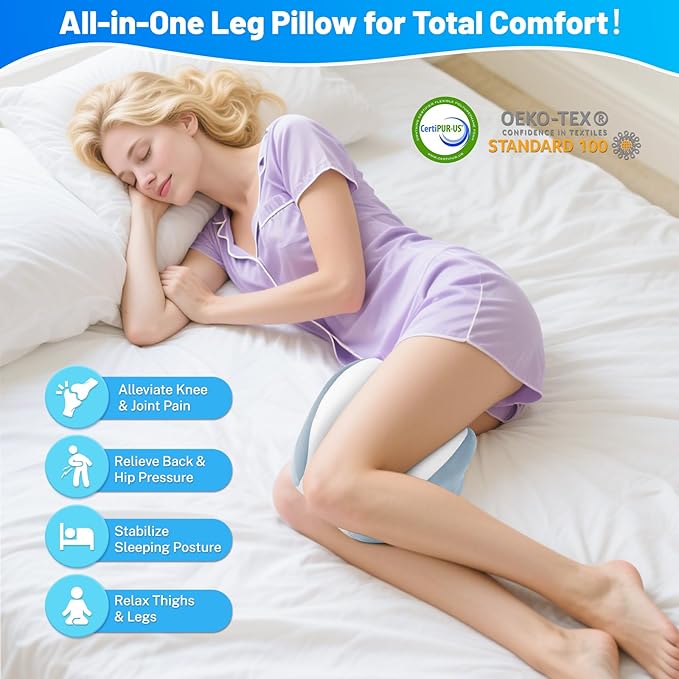 Knee Pillow for Side Sleepers, Leg Pillow with Washable Cover, Memory Foam Leg Pillow for Side Sleeping, Heart-Shape Cushion for Hip, Back & Sciatica Pain Relief, Light Blue