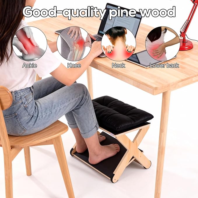 Foot Rest for Under Desk, Ergonomic Foot Stool Non-Slip Wooden Leg Rest Support with Comfortable Cushion for Office Desk at Work Home Use Enhances Posture