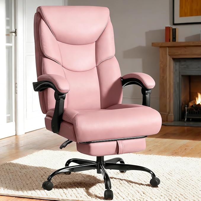 WAILOR 400lbs Office Chair with Foot Rest, Reclining Big and Tall Office Chair with Lumbar Support, High Back PU Leather Computer Chair,Comfy Desk Chair for Home Office (Pink)
