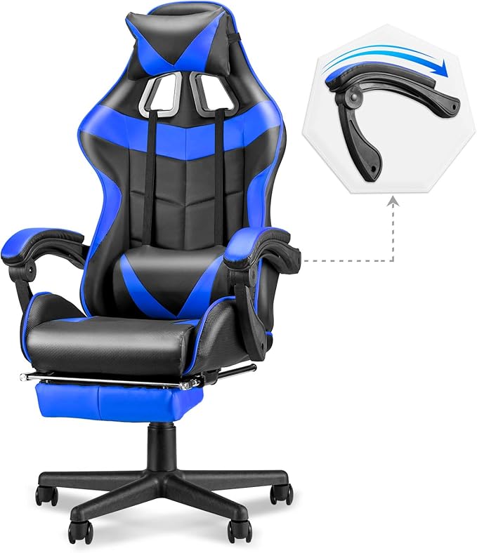 Soontrans Blue Gaming Chairs with Footrest,Ergonomic PC Computer Game Chair,Home Office Desk Chair with Headrest and Lumbar Support Gamer Chair for Adult