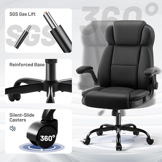 AreShark Ergonomic Office Chair with High Back Headrest,PU Leather Executive Desk Chair Padded Flip-Up Armrests,Lumbar Support,Swivel Computer Chair for Home Office & Gaming,Black